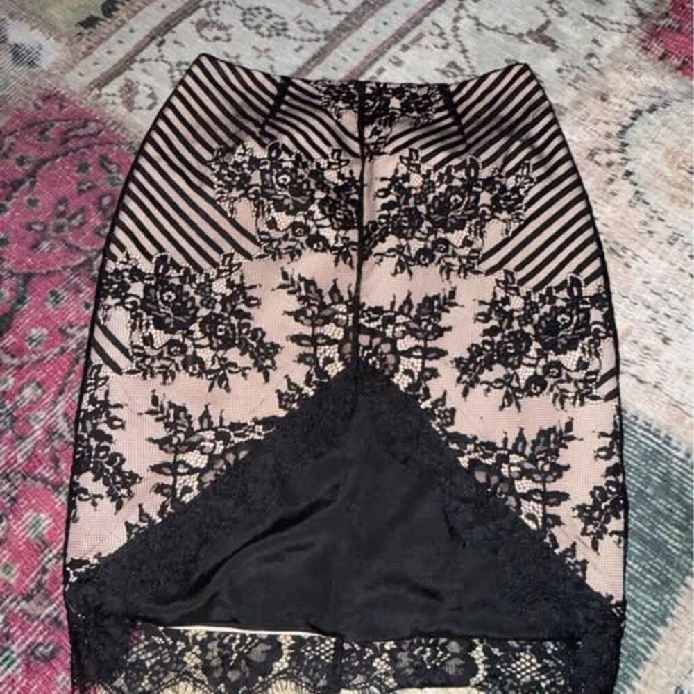 Black Lace and Striped Pencil Skirt